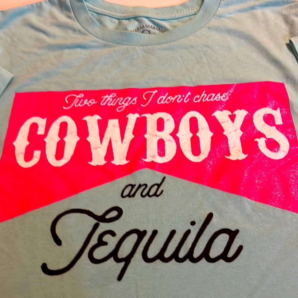 Glitzy Girlz Teal and Hot Pink “Cowboys and Tequila” Size Medium T-shirt